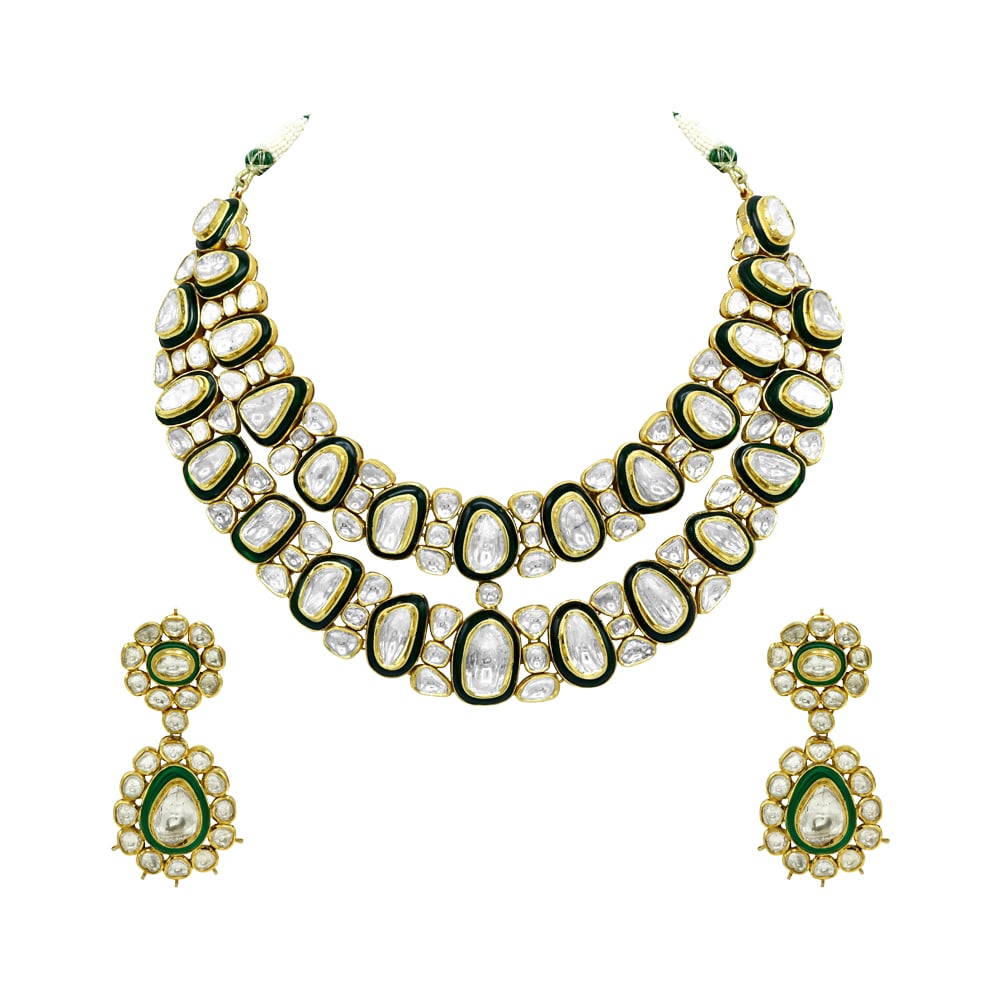 Polki Necklace Set with Green Enamel and Layered Design